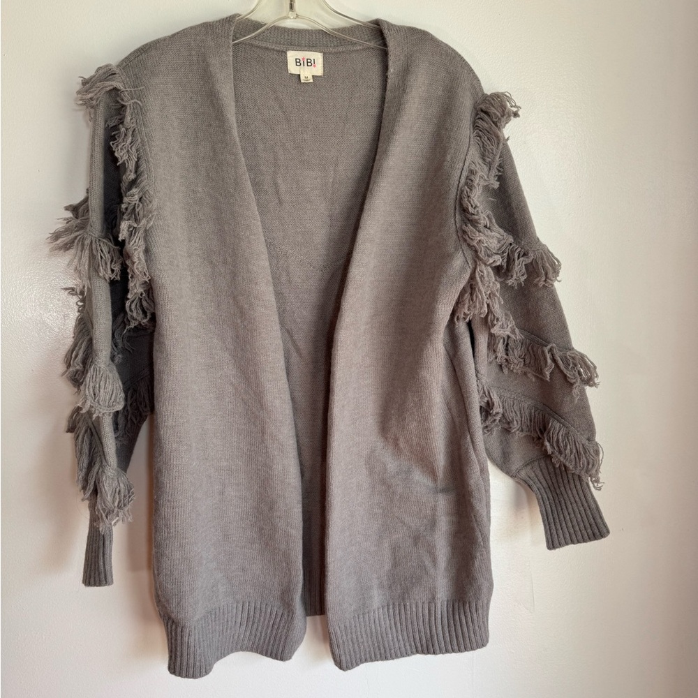 BiBi Gray Women's Cardigan with Fringe Detail